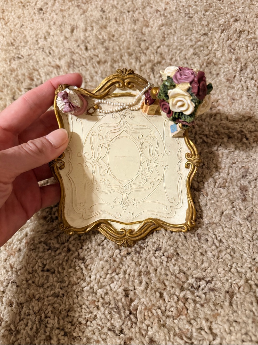 FiGi Victorian Rose Memo Holder Trinket Tray Floral Resin Ivory/Gold 1997